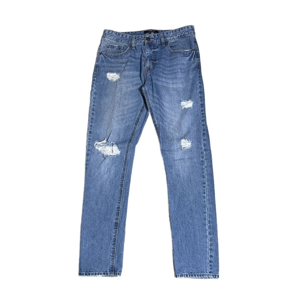 Forever 21 Men's Distressed Blue Jeans - Classic Straight Fit (Size: 32) -Casual